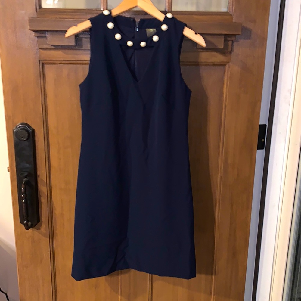 A cute navy sleeveless dress by Taylor with B-Neck & pearls around collar.
